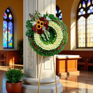Corona Fúnebre Cruz de Vida Eterna – Rosas y Girasoles